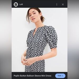 LOFT Black and White Geometric Mini Dress poplin cotton NWOT puff sleeve